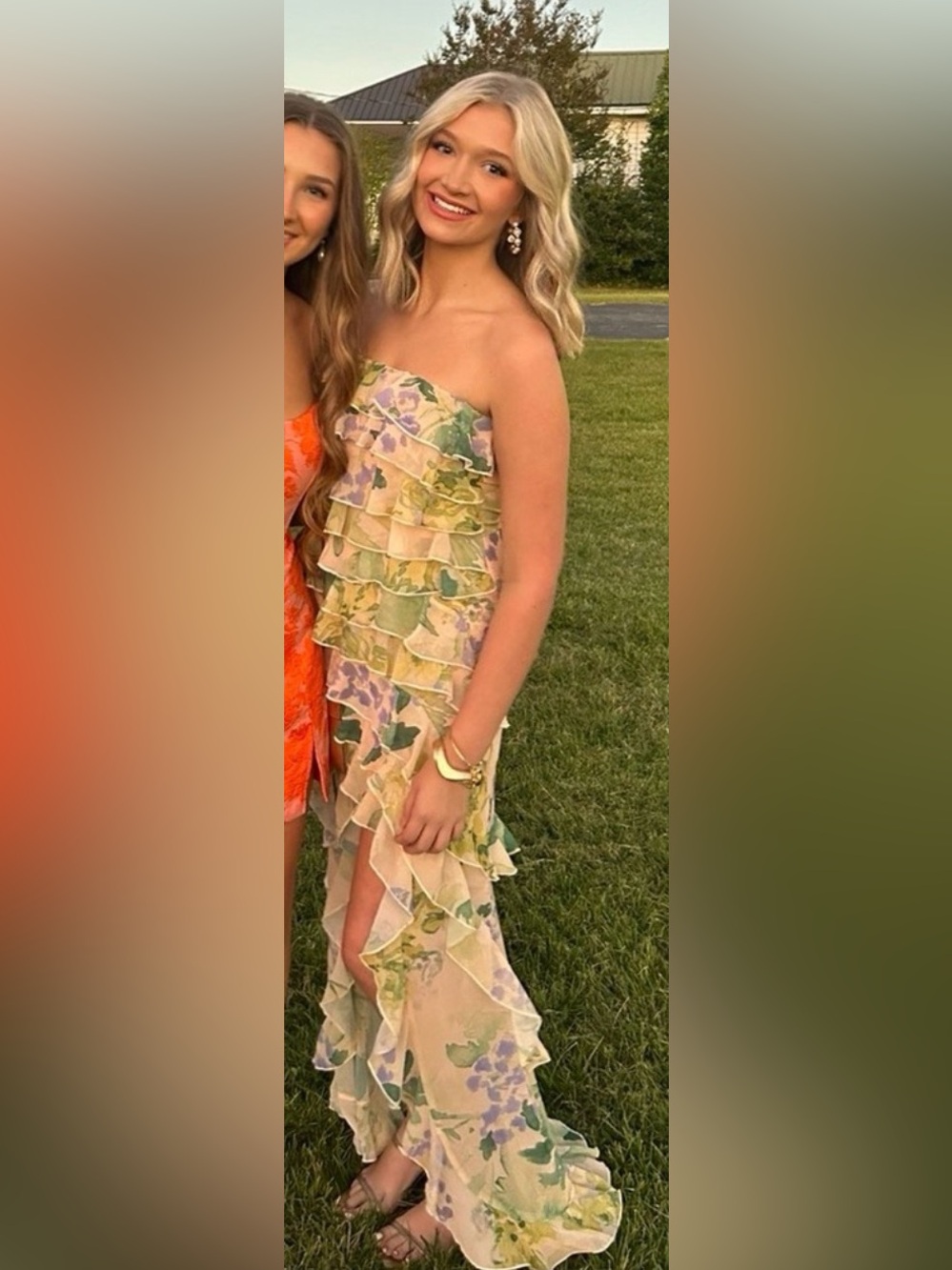 PrettyLittleThing Yellow Printed Ruffled Bandeau Maxi Dress